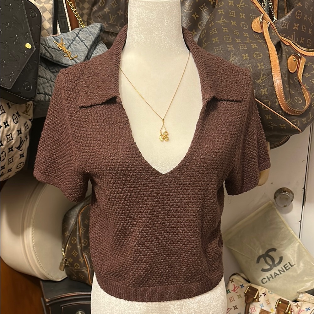 Free People Brown Jumpsuit with Textured Knit and V-Neck